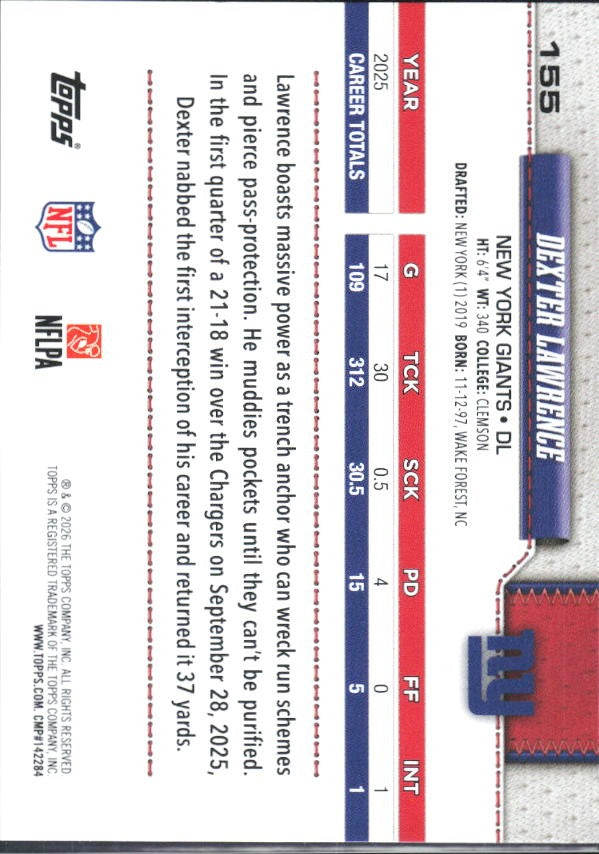 2026 Topps Flagship Football Dexter Lawrence #155 – baksida
