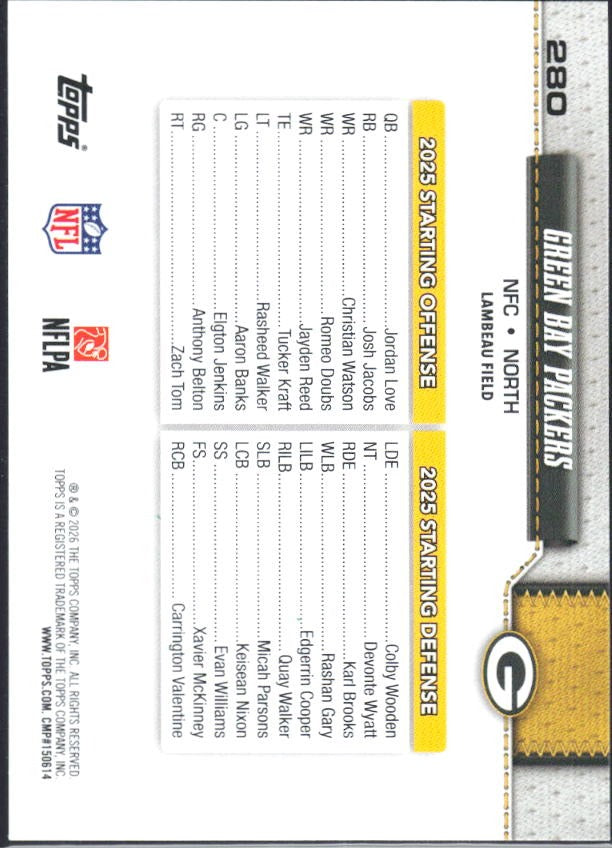 2026 Topps Flagship Football Green Bay Packers #280 – baksida