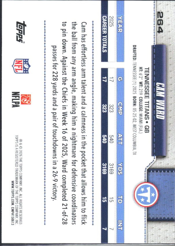 2026 Topps Flagship Football Cam Ward Future Stars #264 – baksida