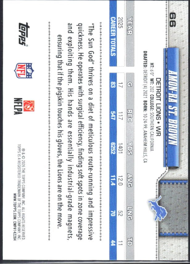 2026 Topps Flagship Football Amon-Ra St. Brown #66 – baksida