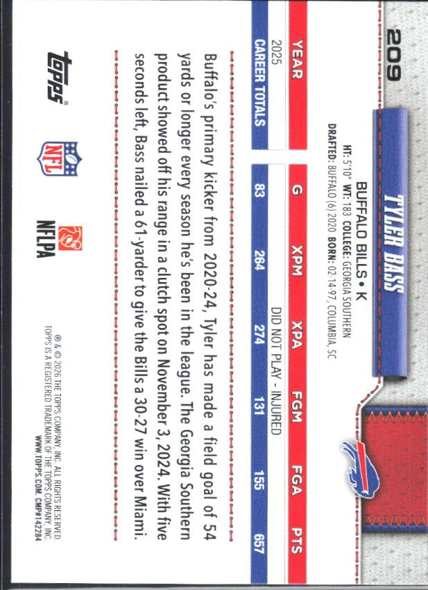 2026 Topps Flagship Football Tyler Bass #209 – baksida