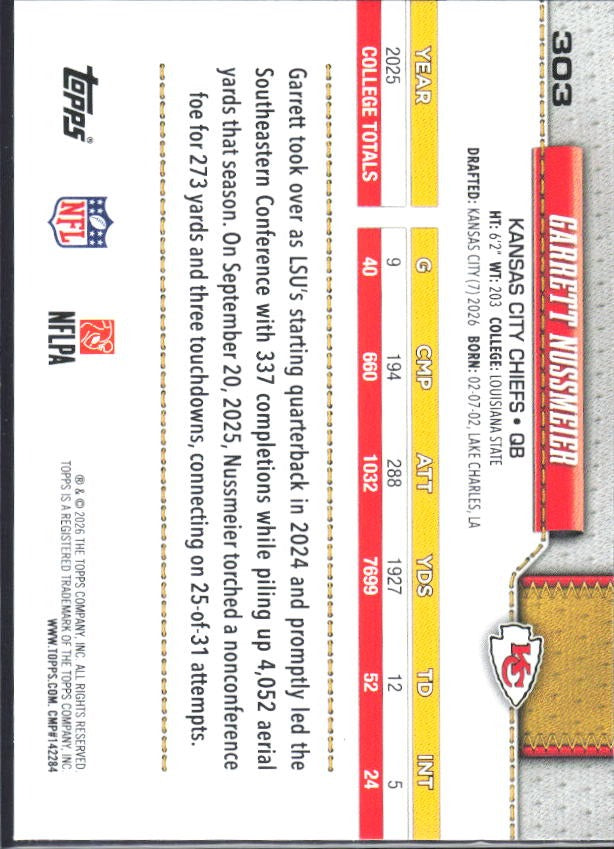 2026 Topps Flagship Football Garrett Nussmeier RC #303 – baksida