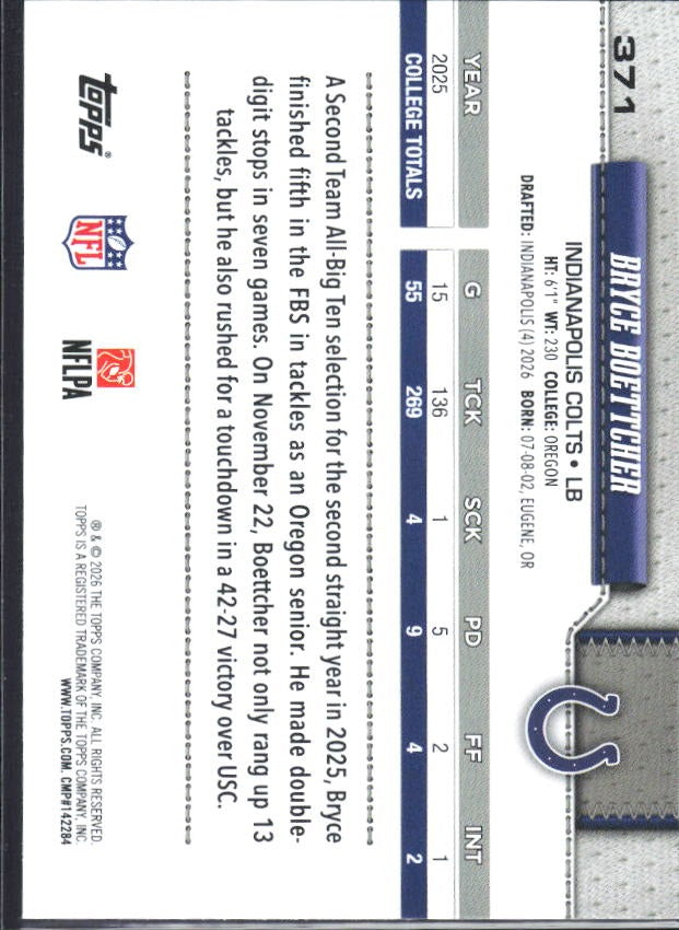 2026 Topps Flagship Football Bryce Boettcher RC #371 – baksida
