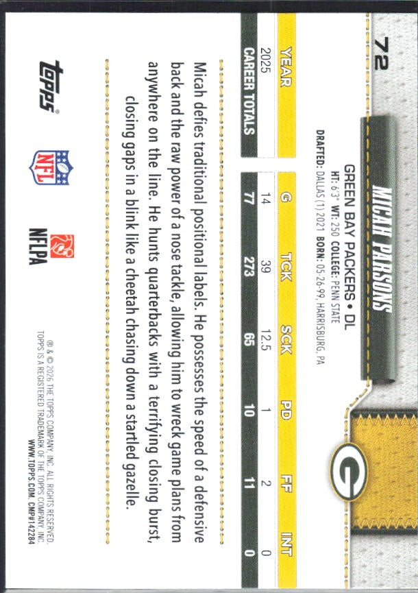 2026 Topps Flagship Football Micah Parsons #72 – baksida
