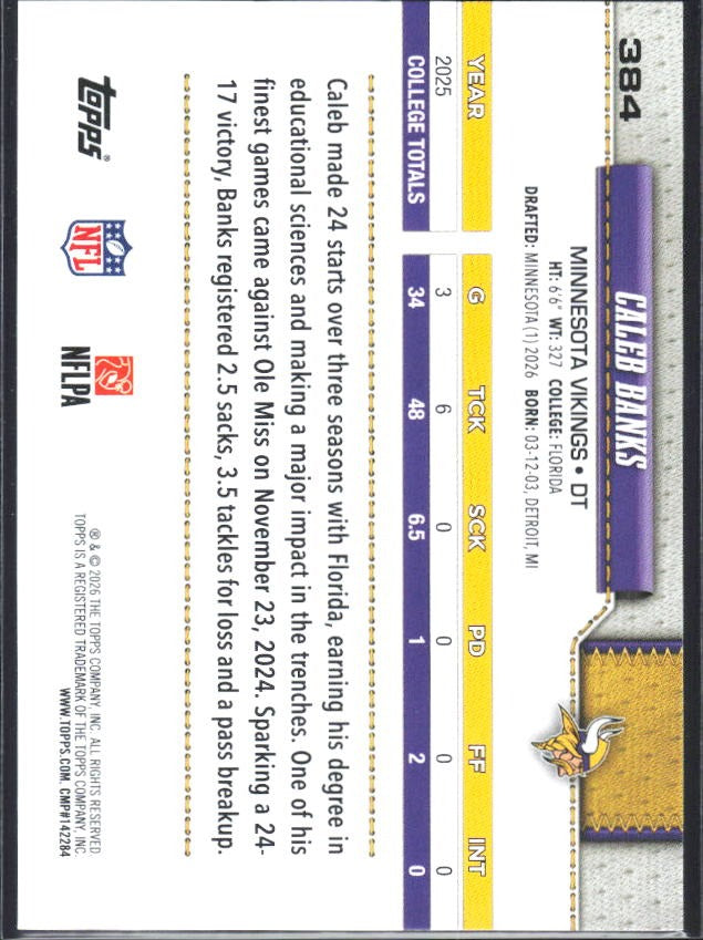 2026 Topps Flagship Football Caleb Banks RC #384 – baksida