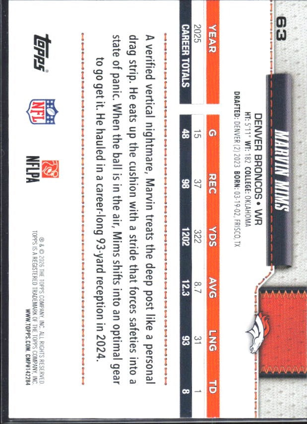 2026 Topps Flagship Football Marvin Mims #63 – baksida