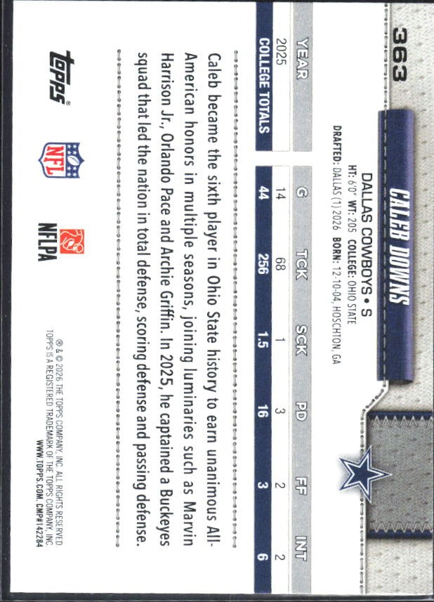 2026 Topps Flagship Football Caleb Downs RC #363 – baksida