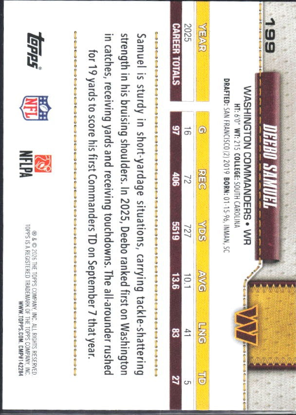 2026 Topps Flagship Football Deebo Samuel #199 – baksida