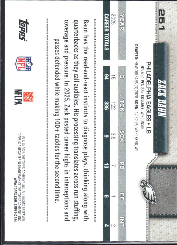 2026 Topps Flagship Football Zack Baun #251 – baksida