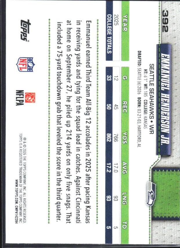 2026 Topps Flagship Football Emmanuel Henderson Jr. RC #392 – baksida