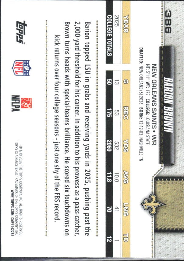 2026 Topps Flagship Football Barion Brown RC #386 – baksida