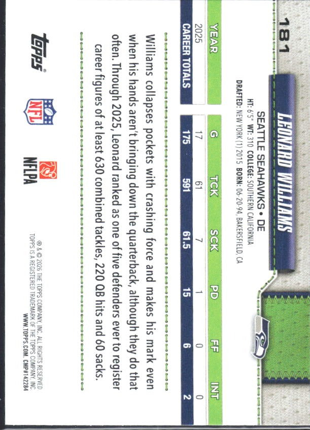 2026 Topps Flagship Football Leonard Williams #181 – baksida