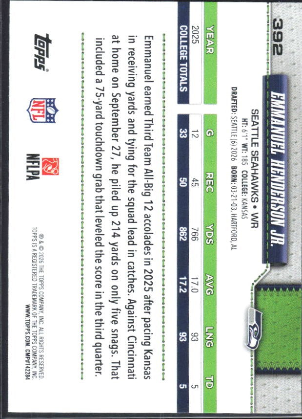 2026 Topps Flagship Football Emmanuel Henderson Jr. RC #392 – baksida