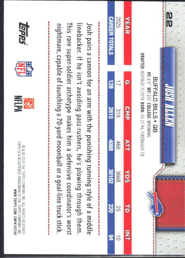 2026 Topps Flagship Football Josh Allen #22 – baksida