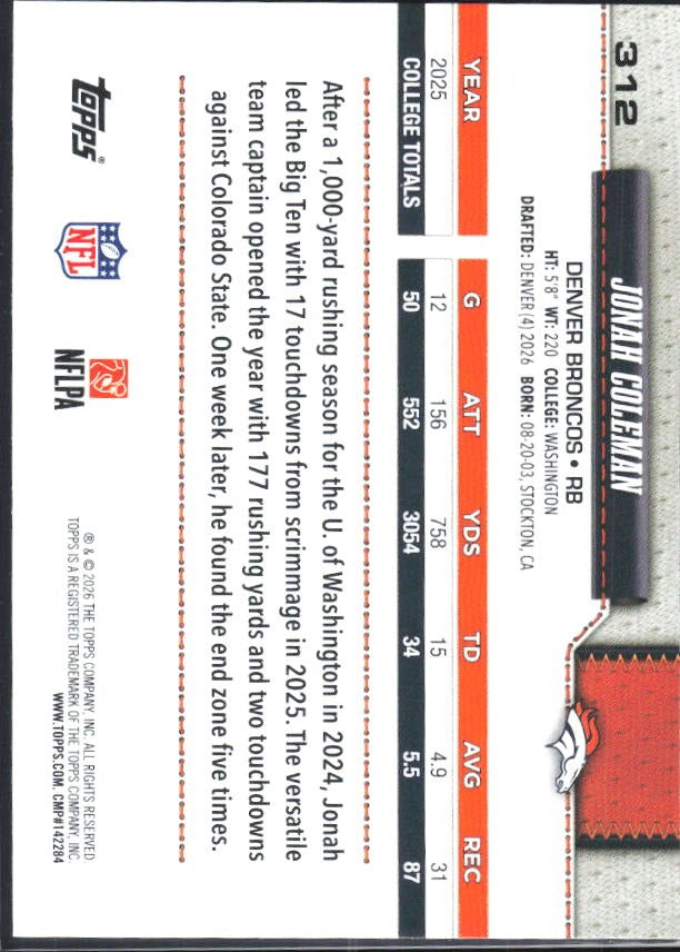 2026 Topps Flagship Football Jonah Coleman RC #312 – baksida