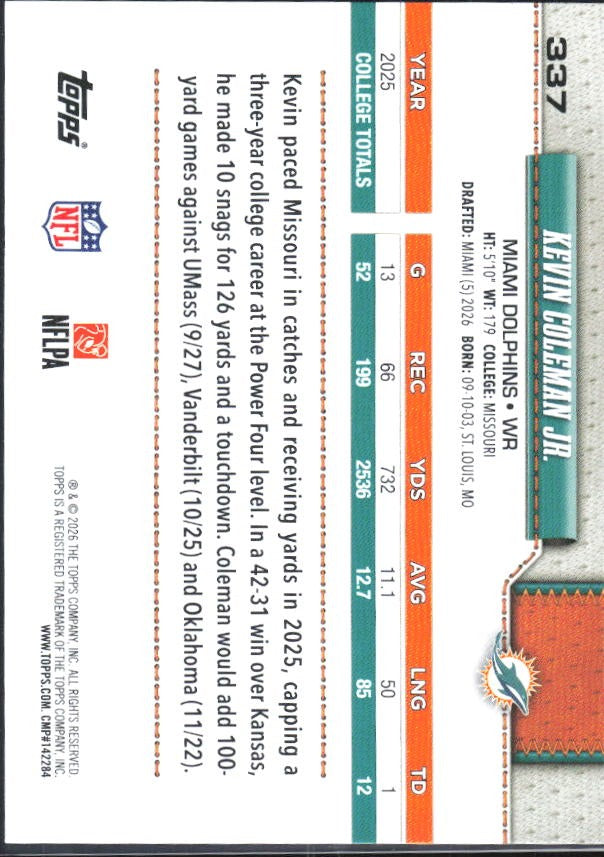 2026 Topps Flagship Football Kevin Coleman Jr. RC #337 – baksida