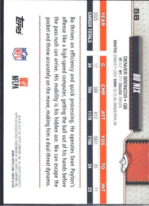 2026 Topps Flagship Football Bo Nix #58 – baksida