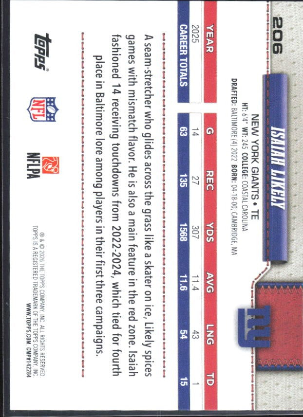 2026 Topps Flagship Football Isaiah Likely #206 – baksida