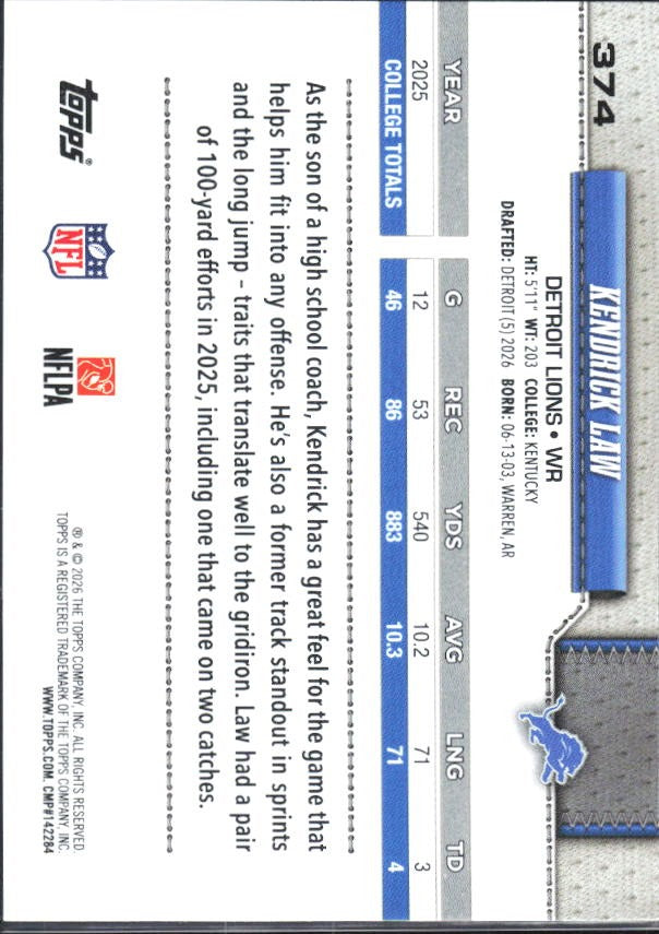 2026 Topps Flagship Football Kendrick Law RC #374 – baksida