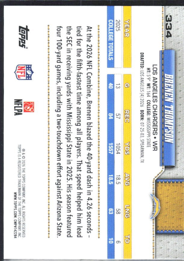 2026 Topps Flagship Football Brenen Thompson RC #334 – baksida