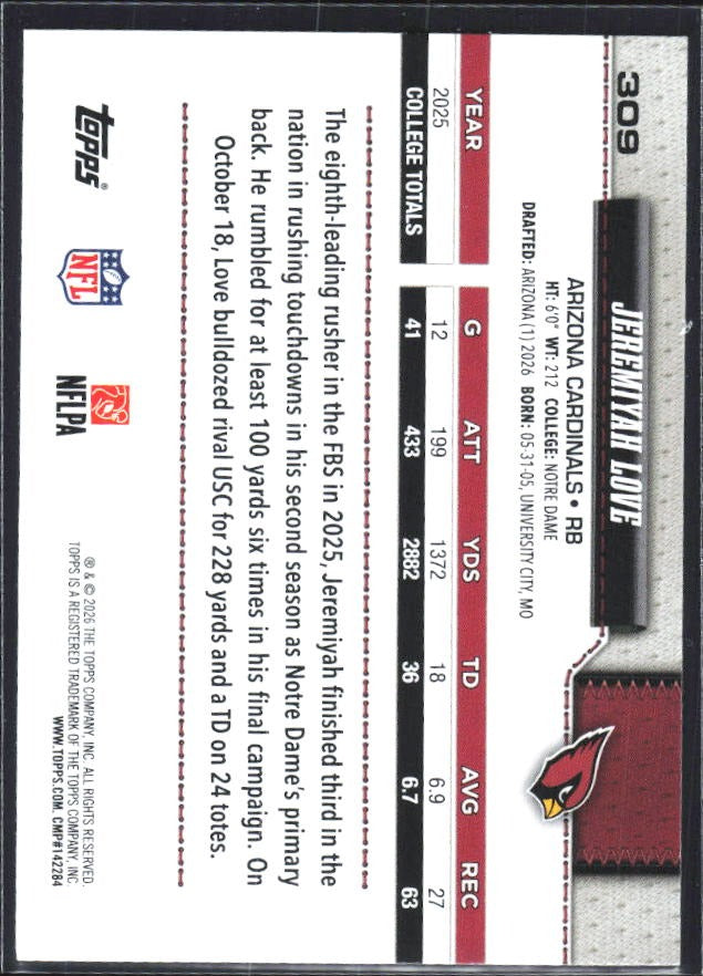 2026 Topps Flagship Football Jeremiyah Love RC #309 – baksida