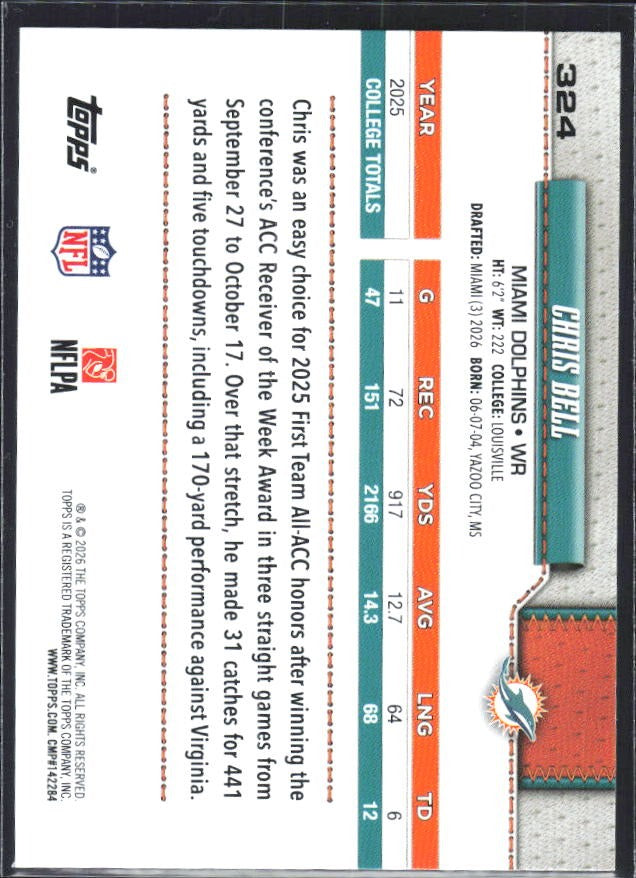 2026 Topps Flagship Football Chris Bell RC #324 – baksida