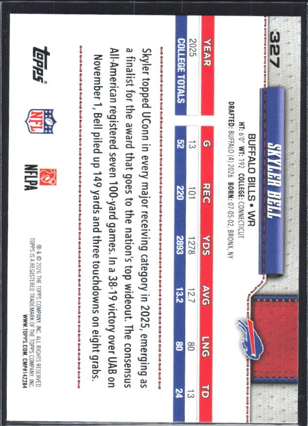 2026 Topps Flagship Football Skyler Bell RC #327 – baksida