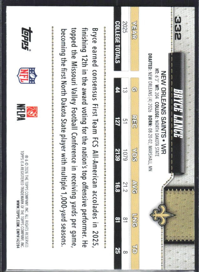 2026 Topps Flagship Football Bryce Lance RC #332 – baksida