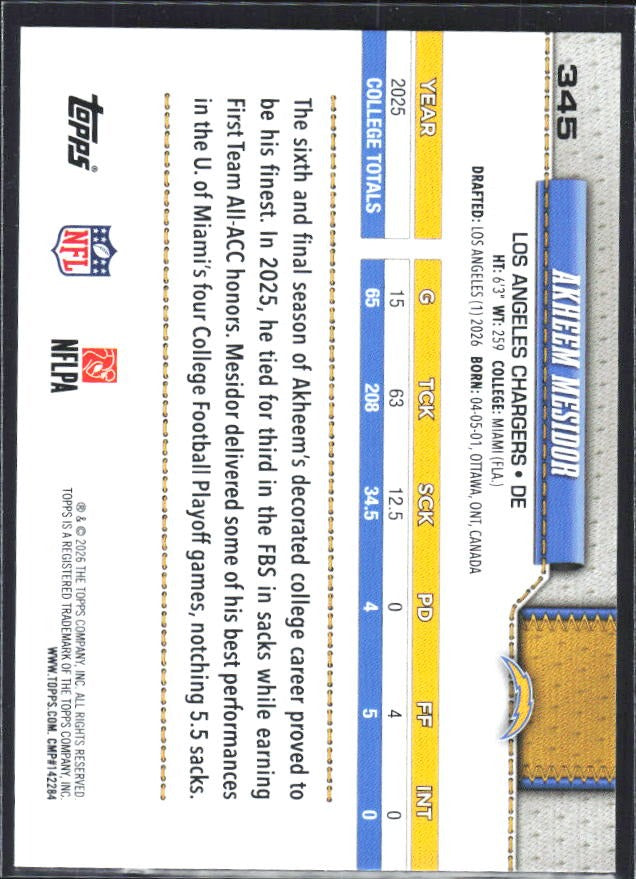2026 Topps Flagship Football Akheem Mesidor RC #345 – baksida
