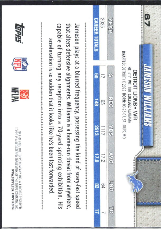 2026 Topps Flagship Football Jameson Williams #67 – baksida
