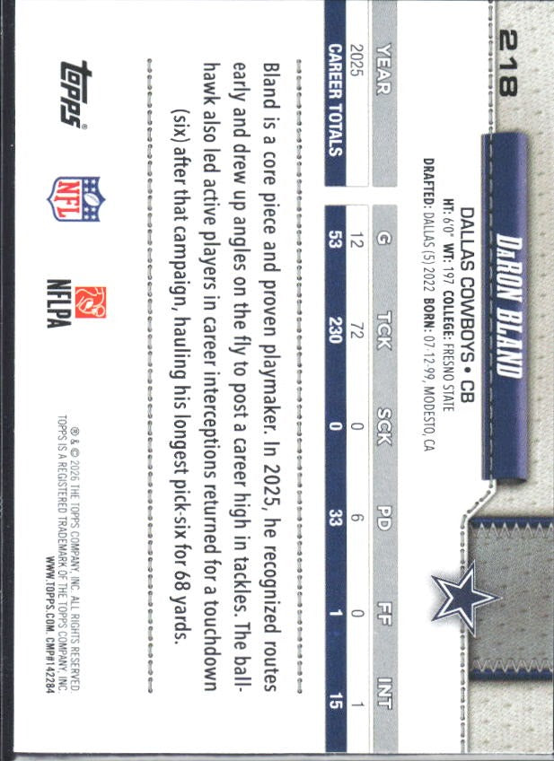 2026 Topps Flagship Football DaRon Bland #218 – baksida