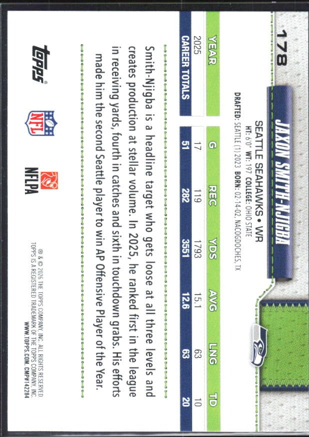 2026 Topps Flagship Football Jaxon Smith-Njigba #178 – baksida