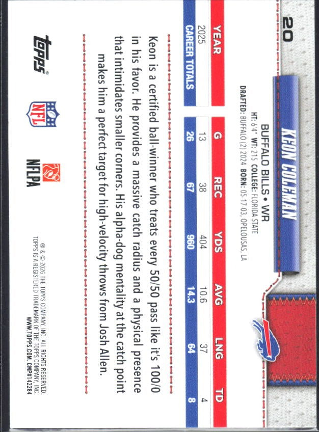 2026 Topps Flagship Football Keon Coleman #20 – baksida