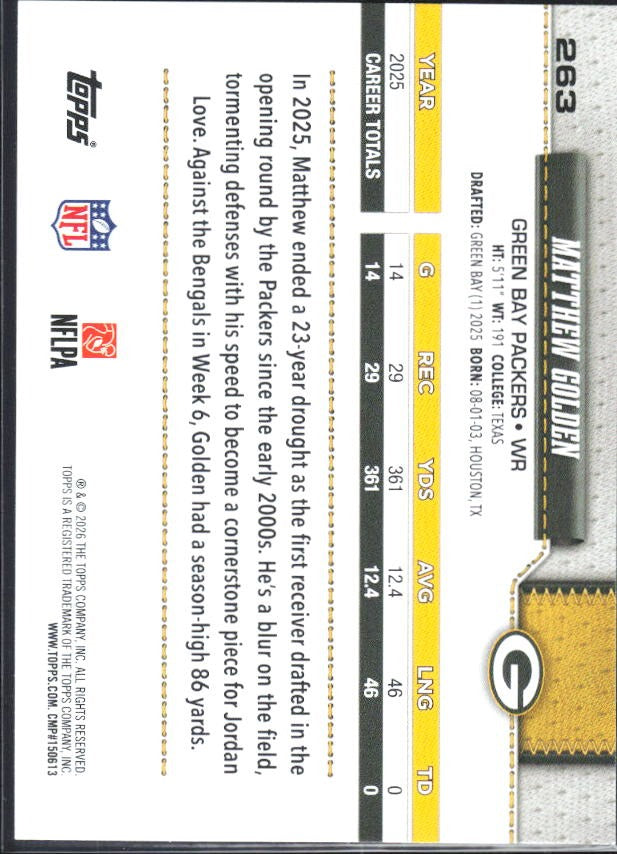 2026 Topps Flagship Football Matthew Golden Future Stars #263 – baksida
