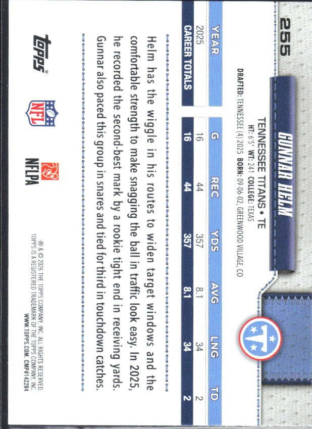 2026 Topps Flagship Football Gunnar Helm #255 – baksida