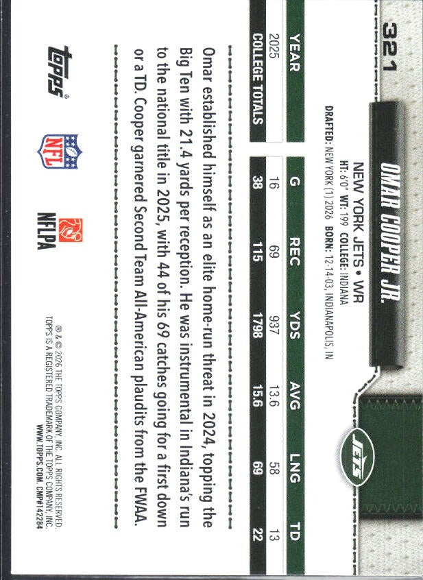 2026 Topps Flagship Football Omar Cooper Jr. RC #321 – baksida