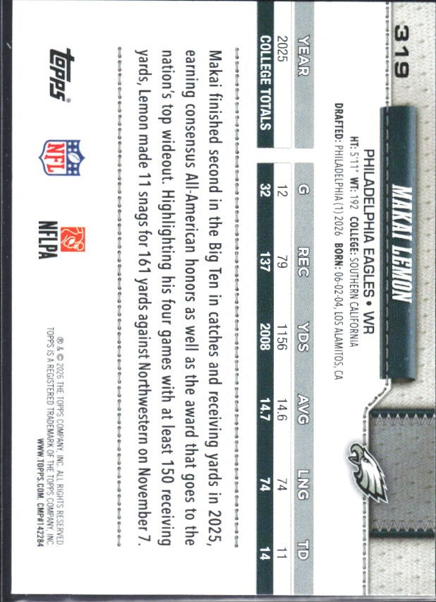 2026 Topps Flagship Football Makai Lemon RC #319 – baksida