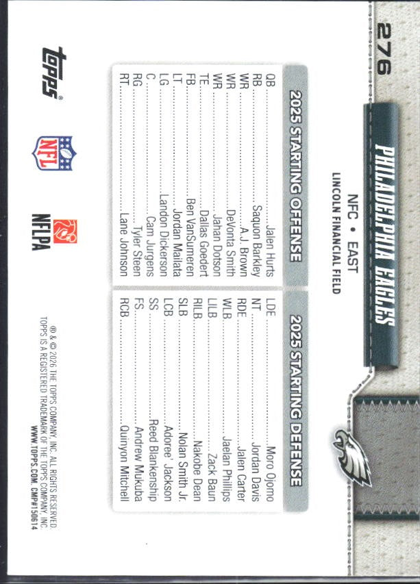 2026 Topps Flagship Football Philadelphia Eagles #276 – baksida