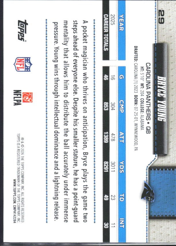 2026 Topps Flagship Football Bryce Young #29 – baksida