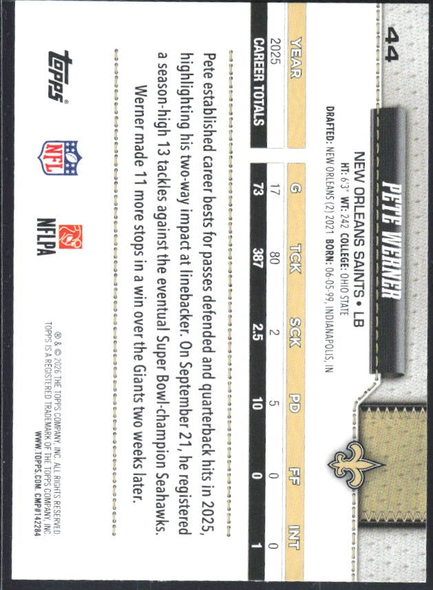 2026 Topps Flagship Football Pete Werner #44 – baksida