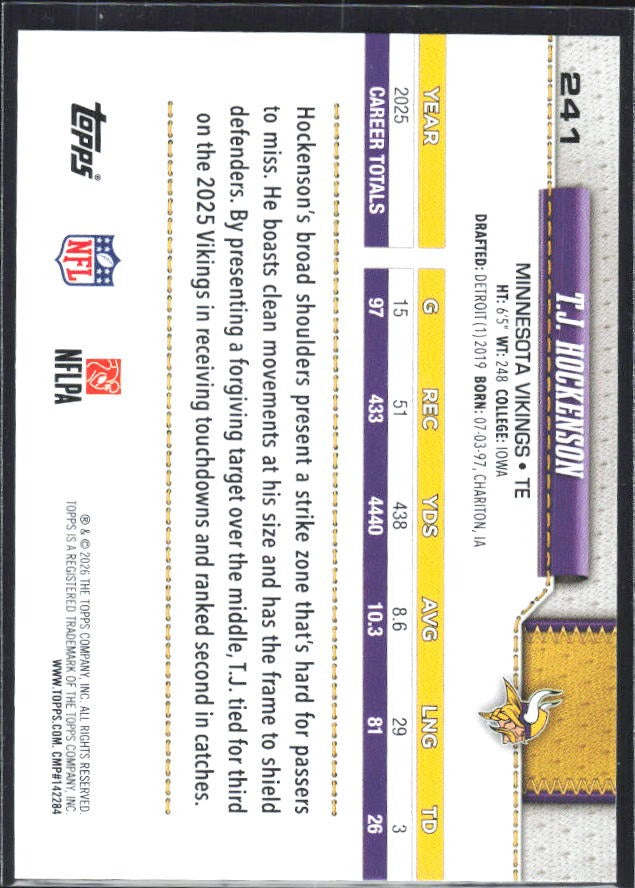 2026 Topps Flagship Football T.J. Hockenson #241 – baksida