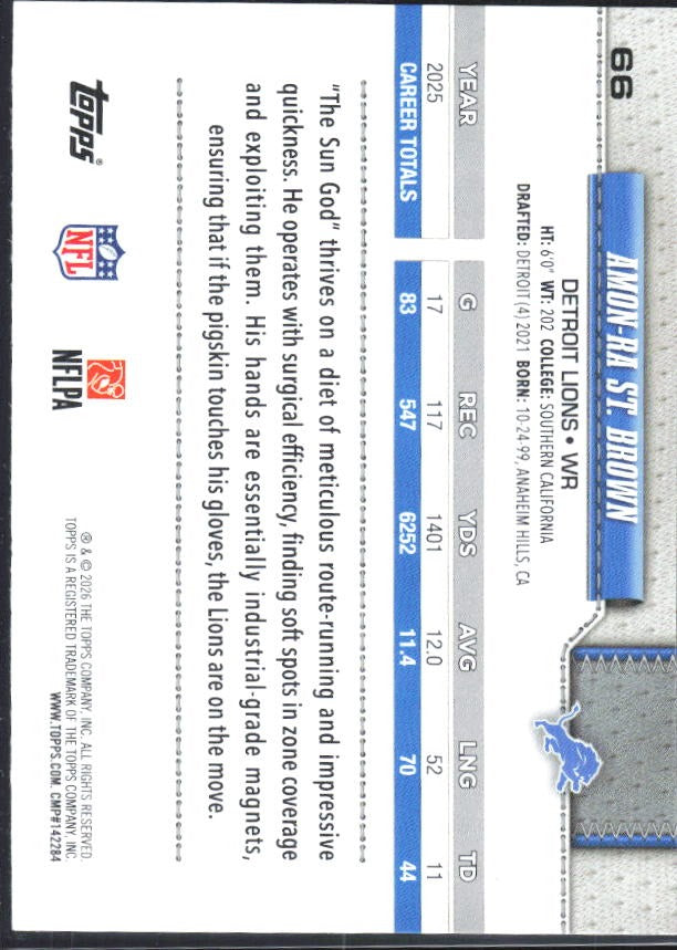 2026 Topps Flagship Football Amon-Ra St. Brown #66 – baksida