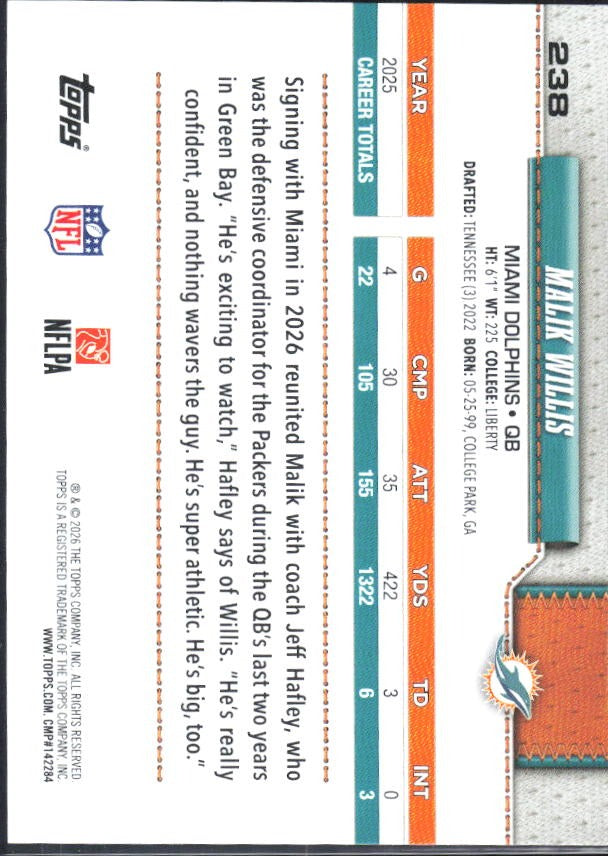 2026 Topps Flagship Football Malik Willis #238 – baksida