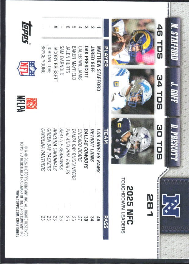 2026 Topps Flagship Football NFC Passing Leaders (Matthew Stafford / Dak Prescott / Jared Goff) #281 – baksida