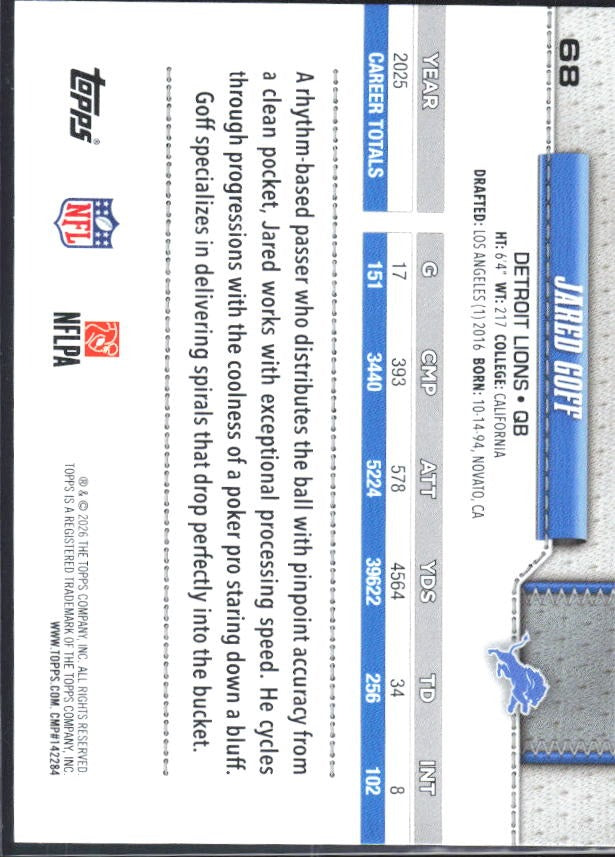 2026 Topps Flagship Football Jared Goff #68 – baksida