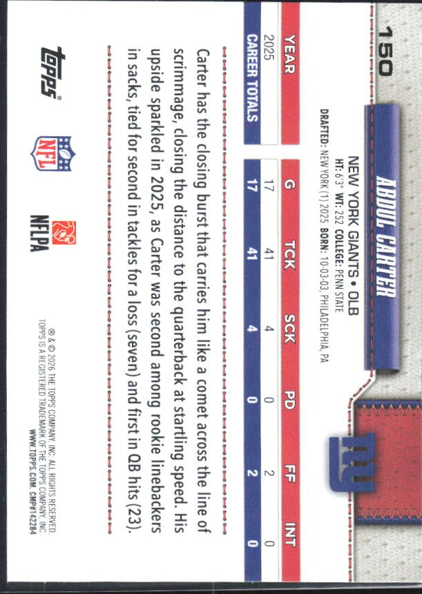 2026 Topps Flagship Football Abdul Carter #150 – baksida
