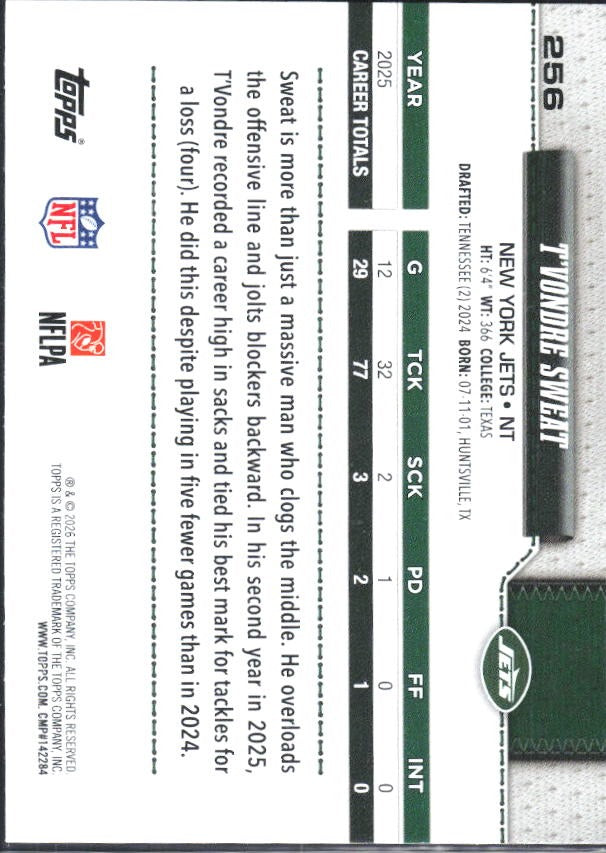 2026 Topps Flagship Football T’Vondre Sweat #256 – baksida