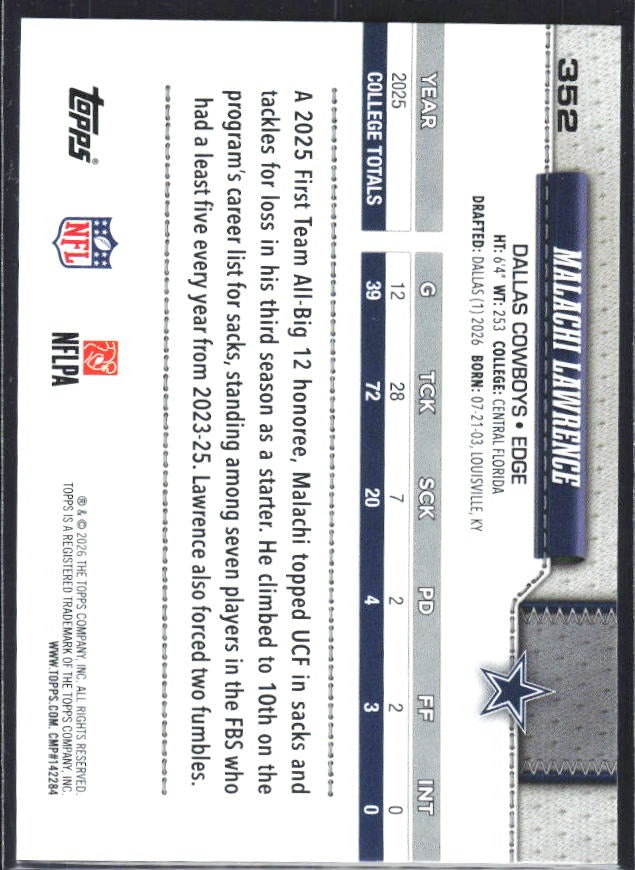 2026 Topps Flagship Football Malachi Lawrence RC #352 – baksida