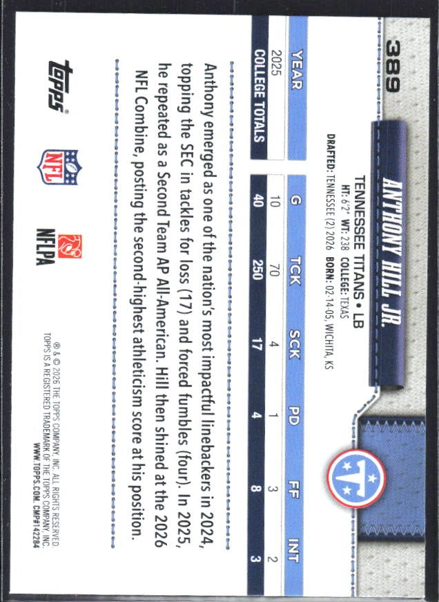 2026 Topps Flagship Football Anthony Hill Jr. RC #389 – baksida