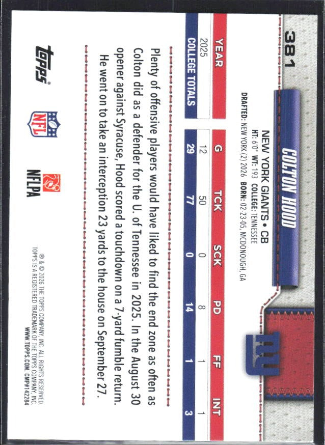 2026 Topps Flagship Football Colton Hood RC #381 – baksida